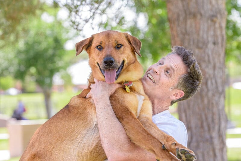 man holding up a big dog