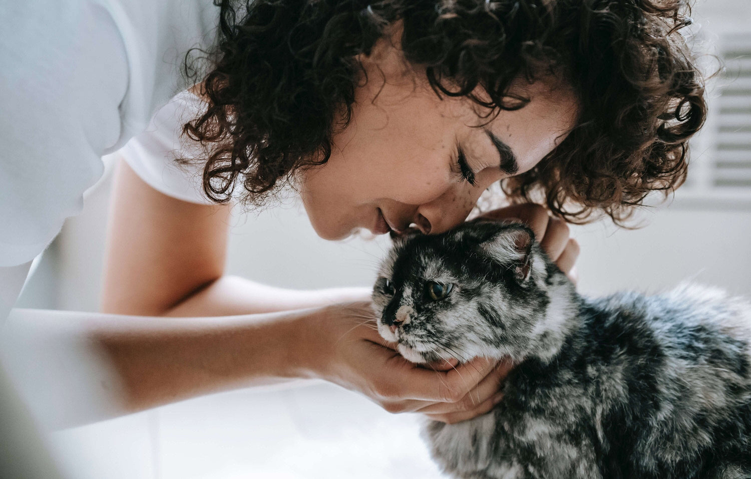 woman cuddling with a cat